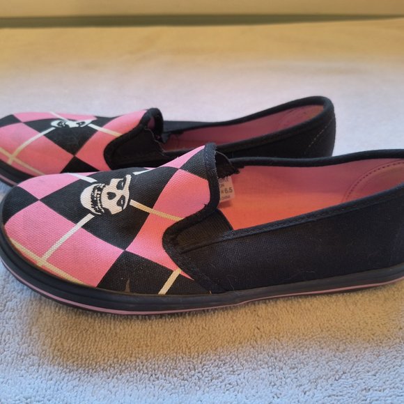 MISFITS BY DRAVEN "FIEND ARGYLE" PINK/BLK SKULL SLIP ONS - Picture 3 of 5
